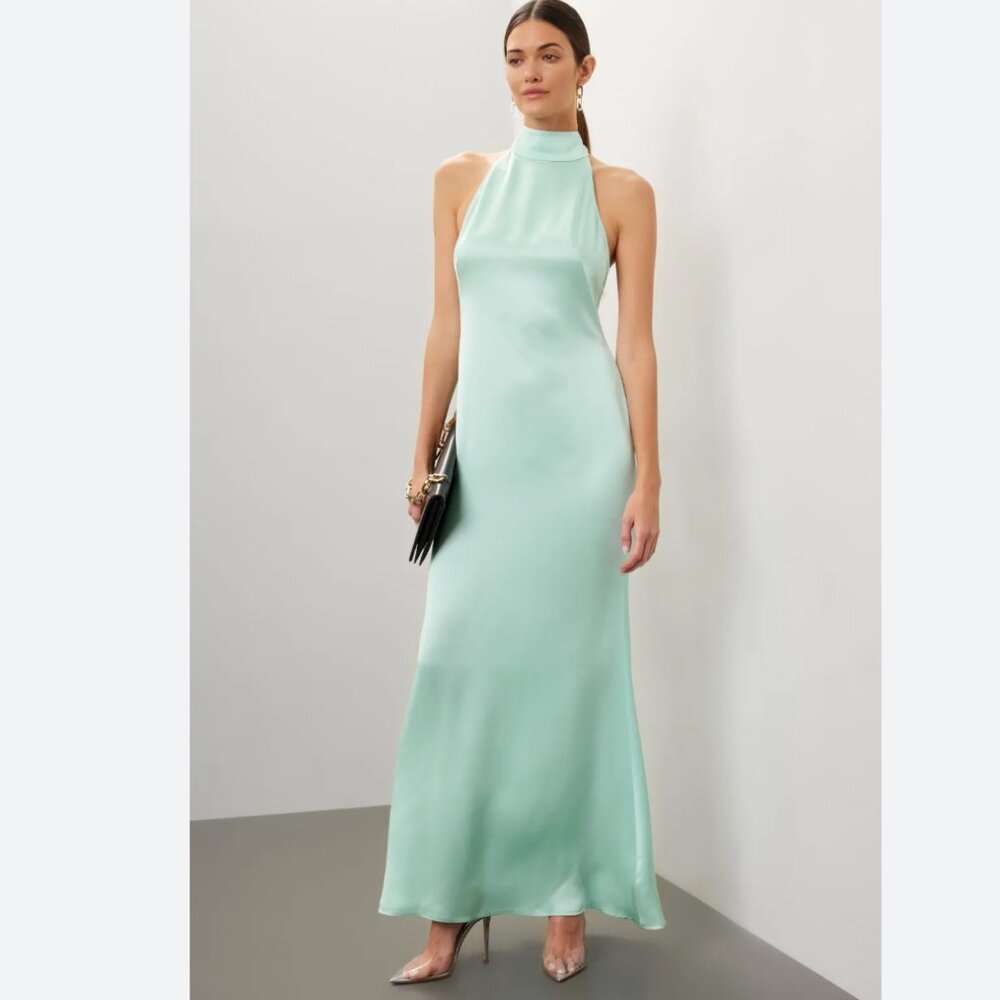 LAPOINTE Satin Halter Gown in Seafoam